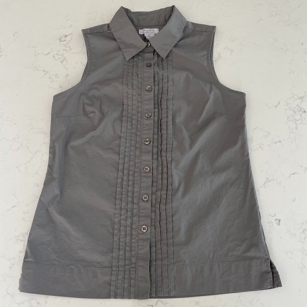 Pure Alfred Sung Sleeveless Button Down Pleat Detailed Cotton Blouse Grey Sz S
